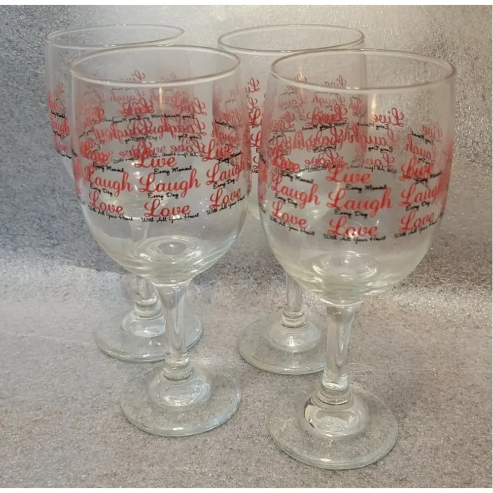 Libbey Glass Live Laugh Love Stemmed Wine Glasses Black Red Set of 4 New